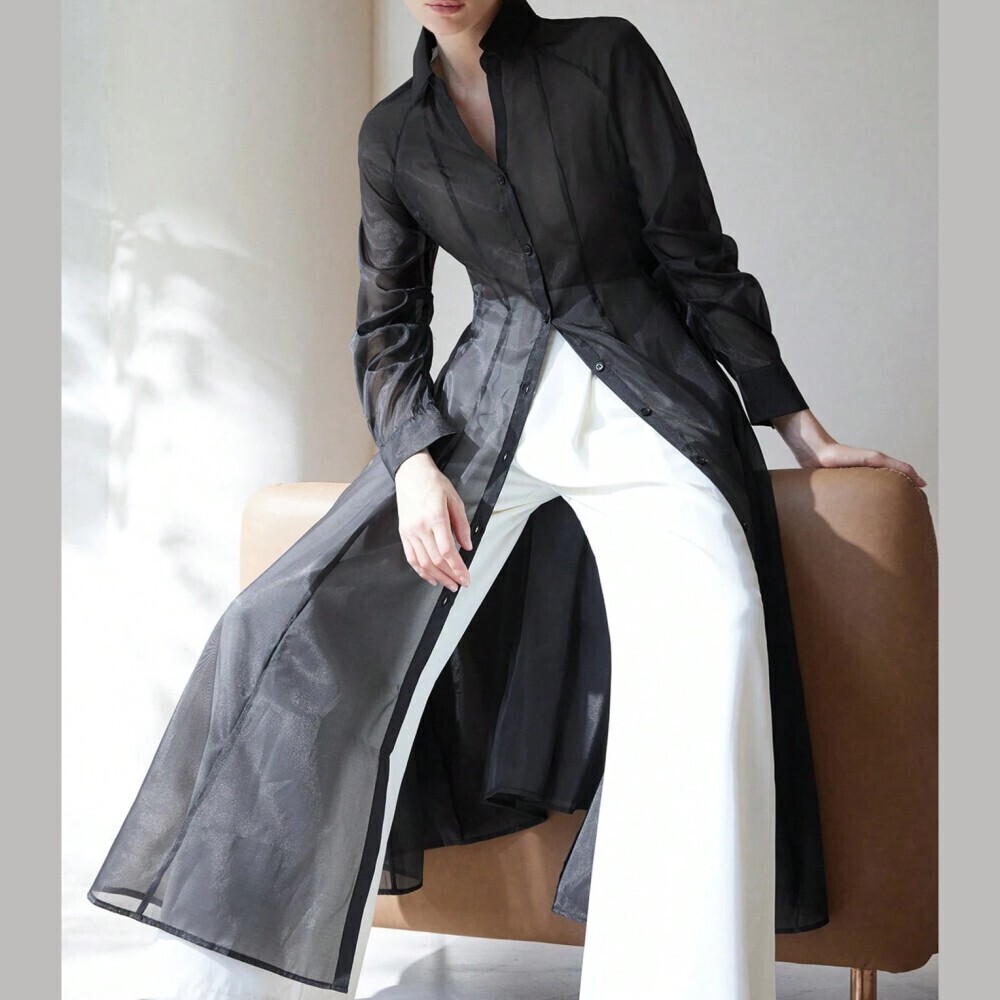 Black Sheer Organza Button Front Collared Long Duster Shirt Coat